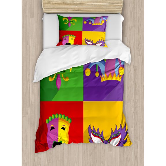 Mardi Gras Twin Size Duvet Cover Set, Colorful Frames with Mardi Gras Icons Masks Harlequin Hat and Fleur De Lis Print, Decorative 2 Piece Bedding Set with 1 Pillow Sham, Multicolor, by Ambesonne
