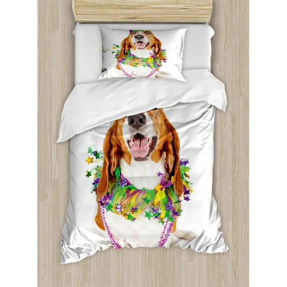 Mardi Gras Twin Size Duvet Cover Set, Happy Smiling Basset Hound Dog Wearing a Jester Hat Neck Garland Bead Necklace, Decorative 2 Piece Bedding Set with 1 Pillow Sham, Multicolor, by Ambesonne