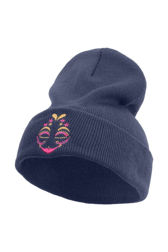 Mardi Gras Two Tone Mask Embroidered 12 Inch Long Knitted Beanie - Navy OSFM