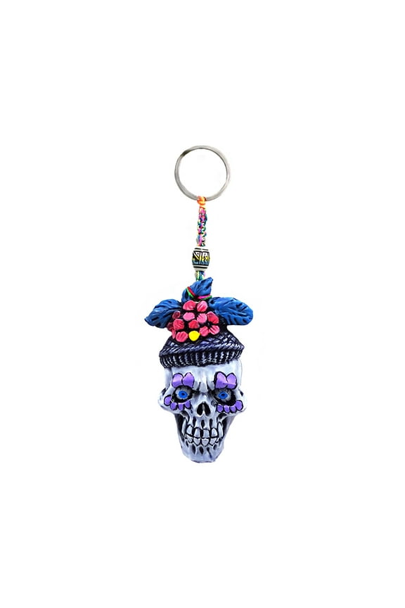 Mardi Gras Voodoo Sugar Skull 3D Figurine Keychain Multicolored Macram Metal Ring - Handmade Gifts Boho Car Keys Bag Accessories
