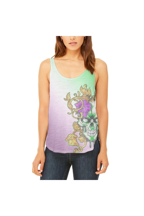 Mardi Gras Voodoo Zombie Skull Juniors Flowy Side Slit Tank Top Multi SM