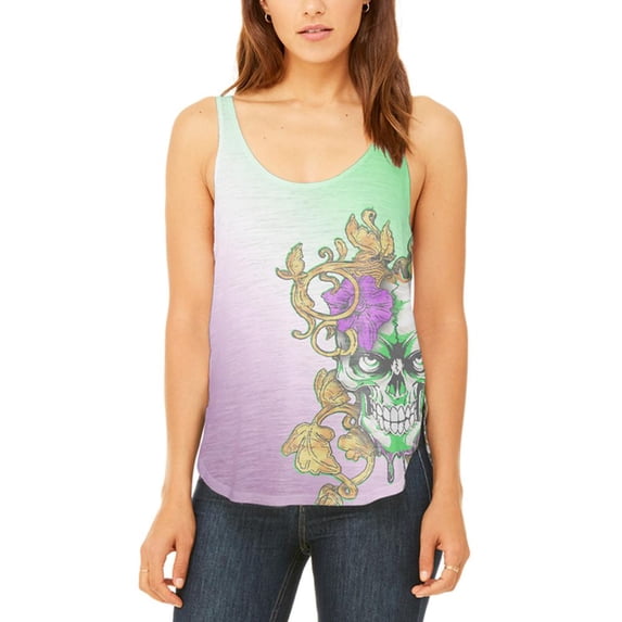Mardi Gras Voodoo Zombie Skull Juniors Flowy Side Slit Tank Top Multi SM