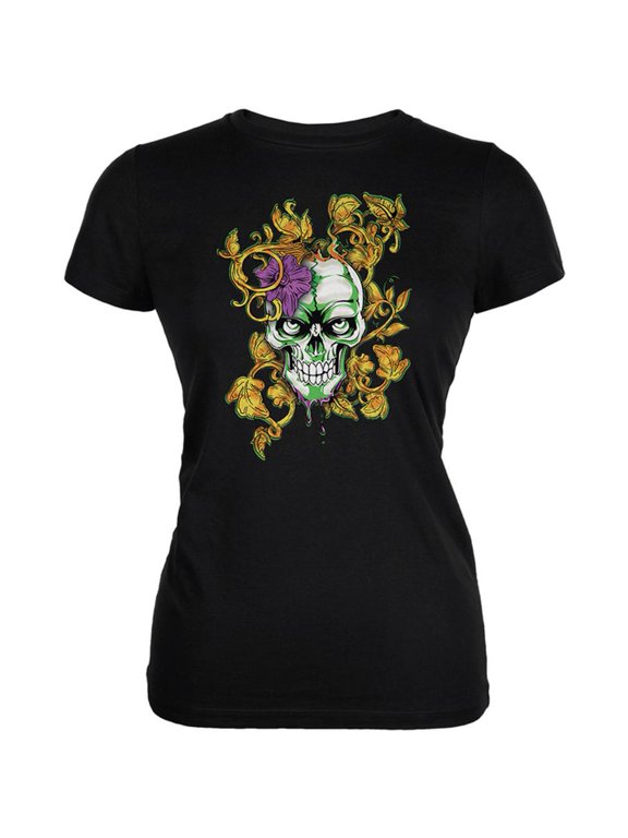 Mardi Gras Voodoo Zombie Skull Juniors Soft T Shirt Black MD
