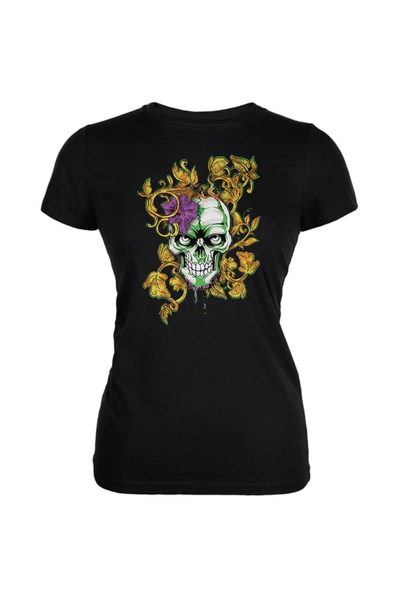 Mardi Gras Voodoo Zombie Skull Juniors Soft T Shirt Black MD