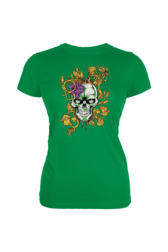 Mardi Gras Voodoo Zombie Skull Juniors Soft T Shirt Irish Green X-LG