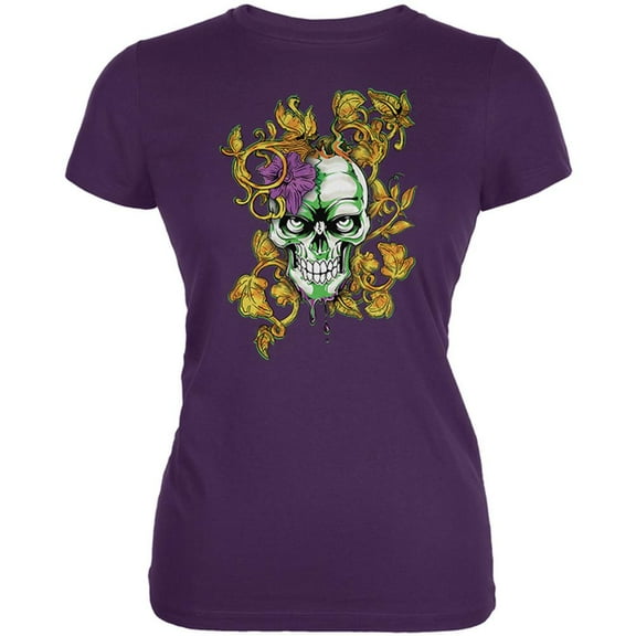 Mardi Gras Voodoo Zombie Skull Juniors Soft T Shirt Purple 2XL