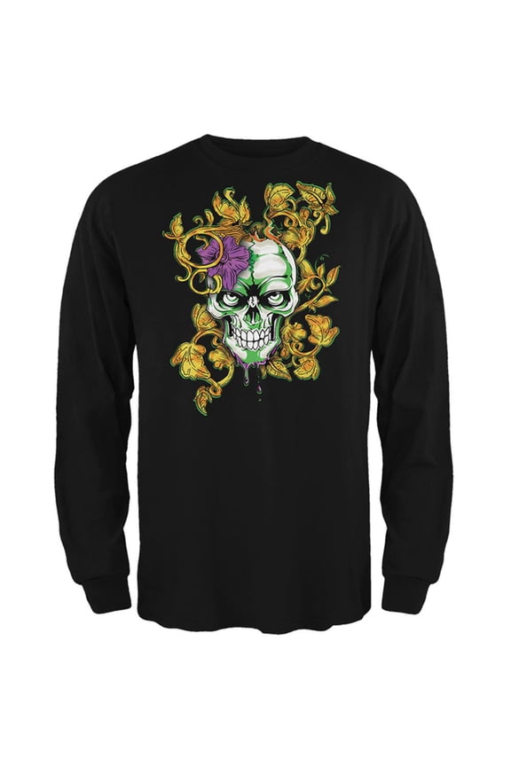 Mardi Gras Voodoo Zombie Skull Mens Long Sleeve T Shirt Black 3X-LG