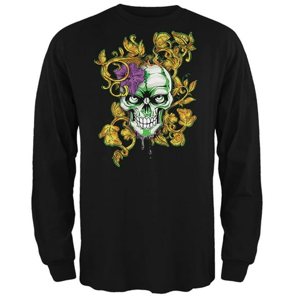 Mardi Gras Voodoo Zombie Skull Mens Long Sleeve T Shirt Black LG