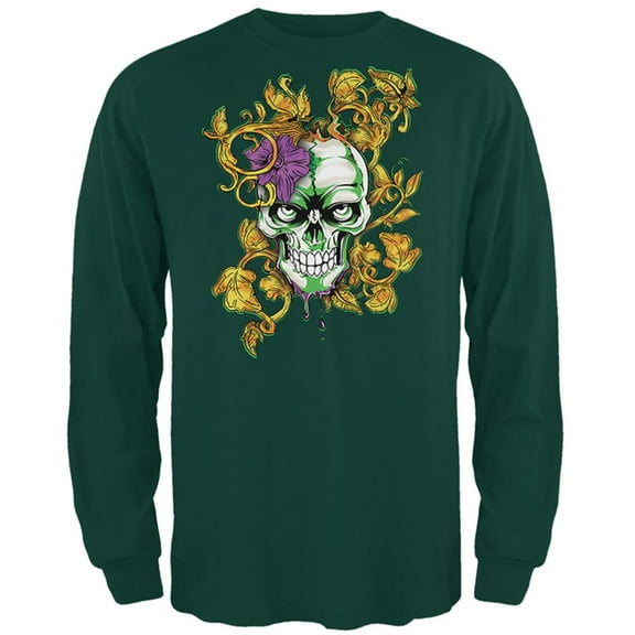 Mardi Gras Voodoo Zombie Skull Mens Long Sleeve T Shirt Forest Green X-LG