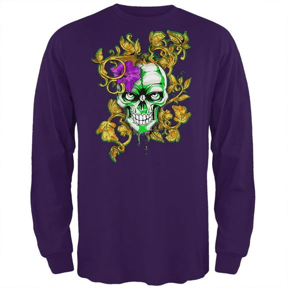 Mardi Gras Voodoo Zombie Skull Mens Long Sleeve T Shirt Purple LG