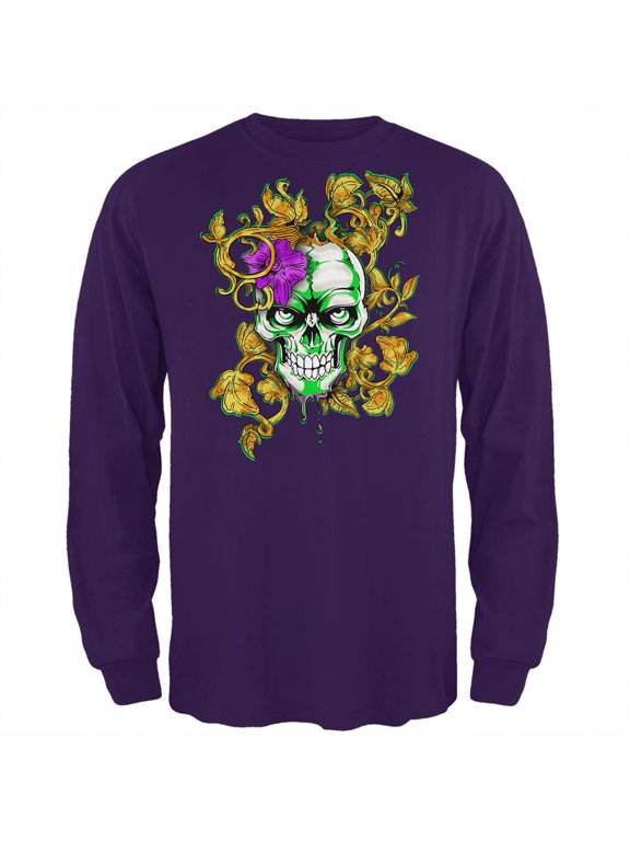 Mardi Gras Voodoo Zombie Skull Mens Long Sleeve T Shirt Purple MD