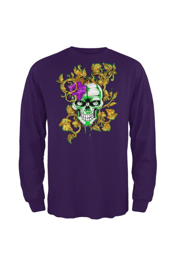Mardi Gras Voodoo Zombie Skull Mens Long Sleeve T Shirt Purple X-LG