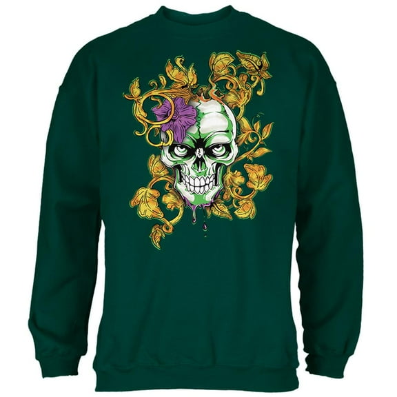 Mardi Gras Voodoo Zombie Skull Mens Sweatshirt Forest Green LG