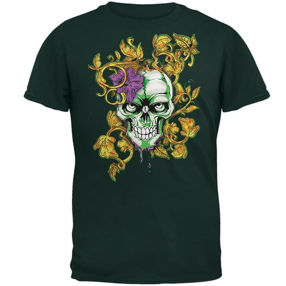 Mardi Gras Voodoo Zombie Skull Mens T Shirt Forest Green 2XL