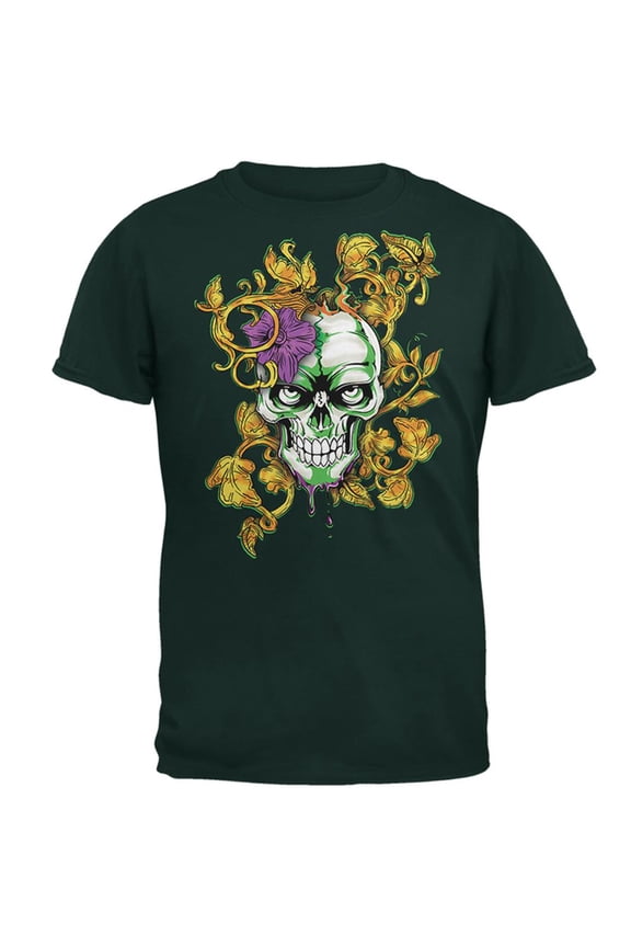 Mardi Gras Voodoo Zombie Skull Mens T Shirt Forest Green MD