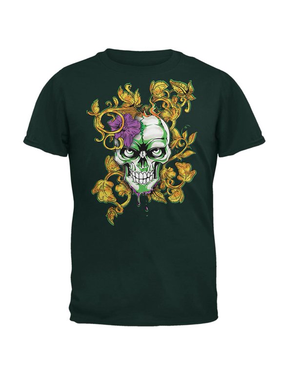 Mardi Gras Voodoo Zombie Skull Mens T Shirt Forest Green SM