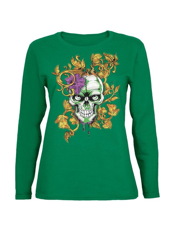 Mardi Gras Voodoo Zombie Skull Womens Long Sleeve T Shirt Green MD