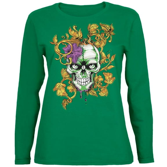 Mardi Gras Voodoo Zombie Skull Womens Long Sleeve T Shirt Green SM