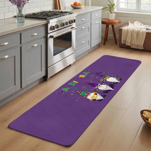 Mardi Gras Washable Runner Rug 3X7 ft Carnival Gnome Mask Deep Purple Theme Non-Slip Hallway Runner Rug, Linen Kitchen Runner Mats, Indoor Floor Carpet for Entryway Bathroom Bedroom Living Room