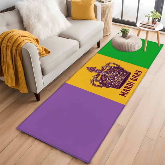 Mardi Gras Washable Runner Rugs 2'x6', Carnival Crown Purple Gold Green Low Pile Throw Entryway Rug Non-Slip Sturdy Edge Binding Carpet for Indoor Bedside Entrance Bedside