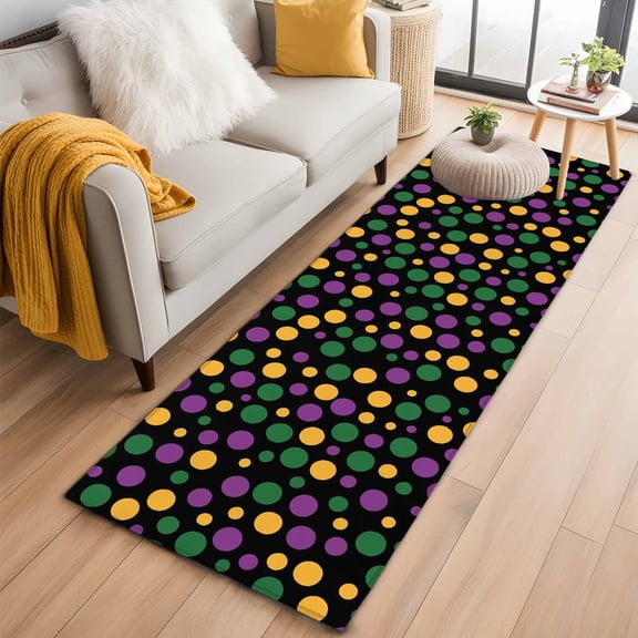 Mardi Gras Washable Runner Rugs 2'x6', Carnival Purple Yellow Green Dots Black Texture Low Pile Throw Entryway Rug Non-Slip Sturdy Edge Binding Carpet for Indoor Bedside Entrance Bedside