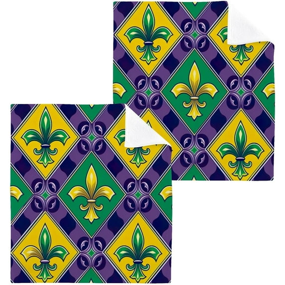 Mardi Gras Washcloths Set of 2-12 x 12 inch Pure Cotton Wash Cloth Highly Absorbent and Soft Fingertip Towels Face Cloths for Bath, Spa Wash cloth