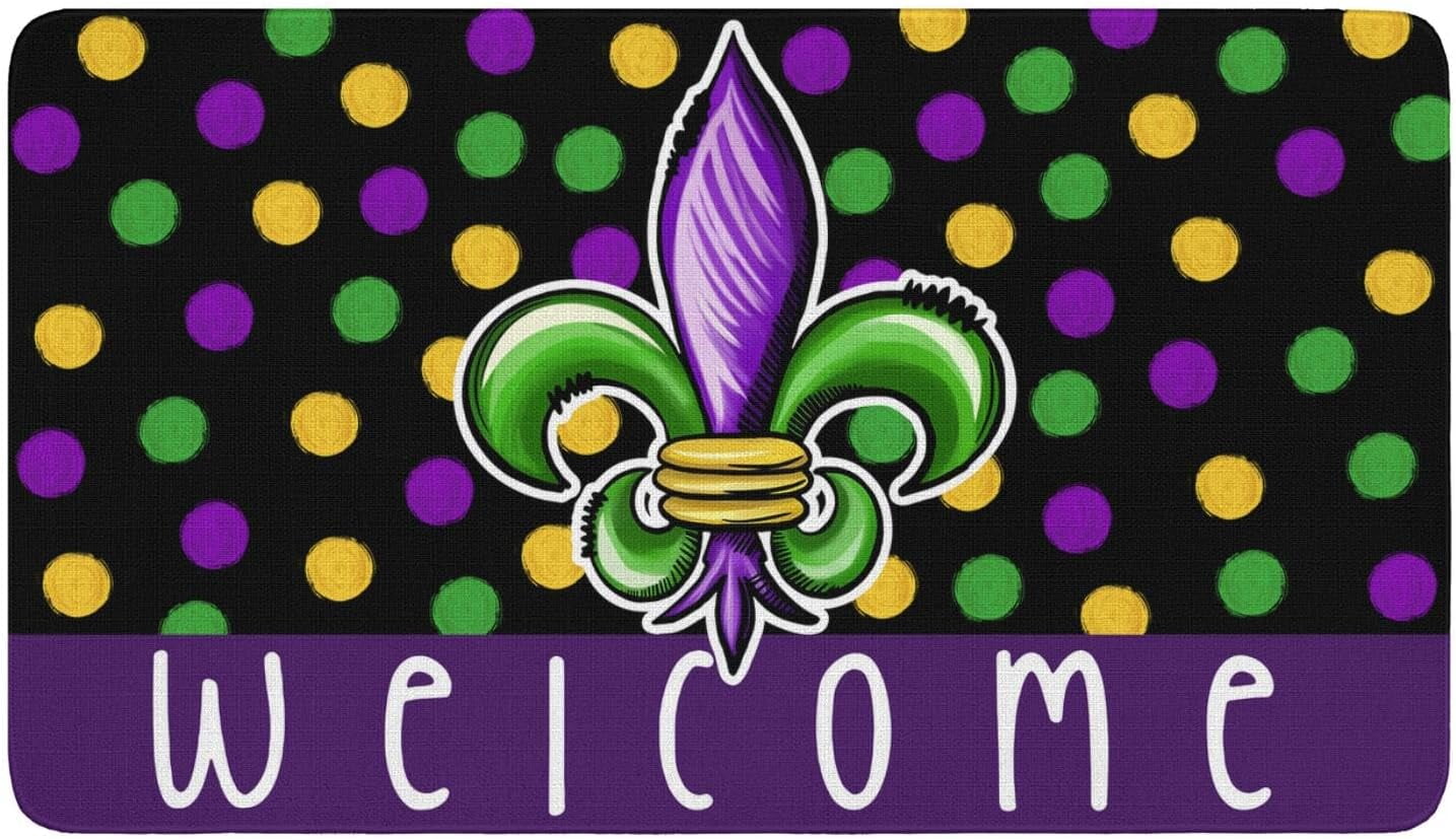 Mardi Gras Welcome Door Mat 30x17 Inch Carnival Fleur De Lis Doormat Indoor Outdoor Entrance Floor Mats Non-Slip Washable Mardi Gras Decor Rugs