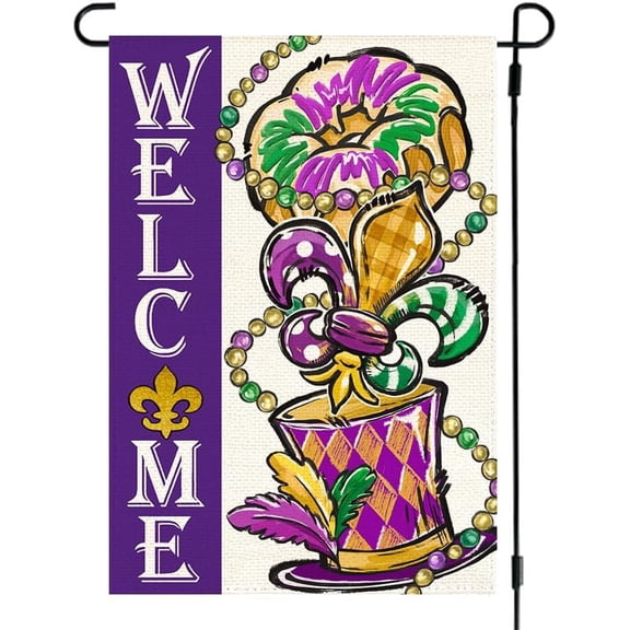 Mardi Gras Welcome Garden Flag Double Sided Donut Fleur de Lis Outdoor Carnival Holiday Party Decoration 12 x 18 Inch