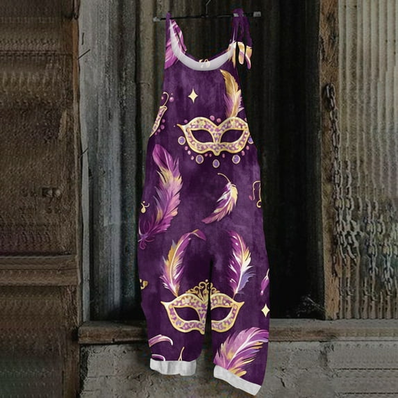 Mardi Gras Women's Jumpsuit Funny Carnival Mask Print Sleeveless Straight Leg Jumpsuits Long Baggy Parada Mardi Overalls with Pockets