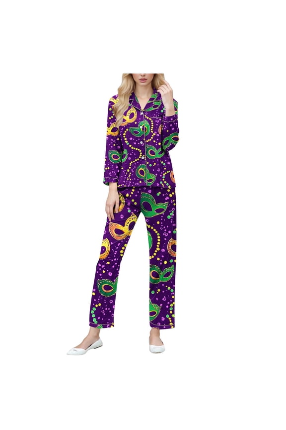 Mardi Gras Women's Pajama Set Funny Mask Top Long Sleeve Button Down Pajamas Fashion Lapel Nightwear with Pockets Spring Relaxed Sleepwear Match Long Trouser Carnival Home Gatherings Clothes