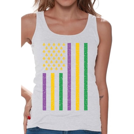 Mardi Gras Women's Tees Parade Outfit for Her US Flag New Orleans T-Shirt Fat Tuesday Tank Top