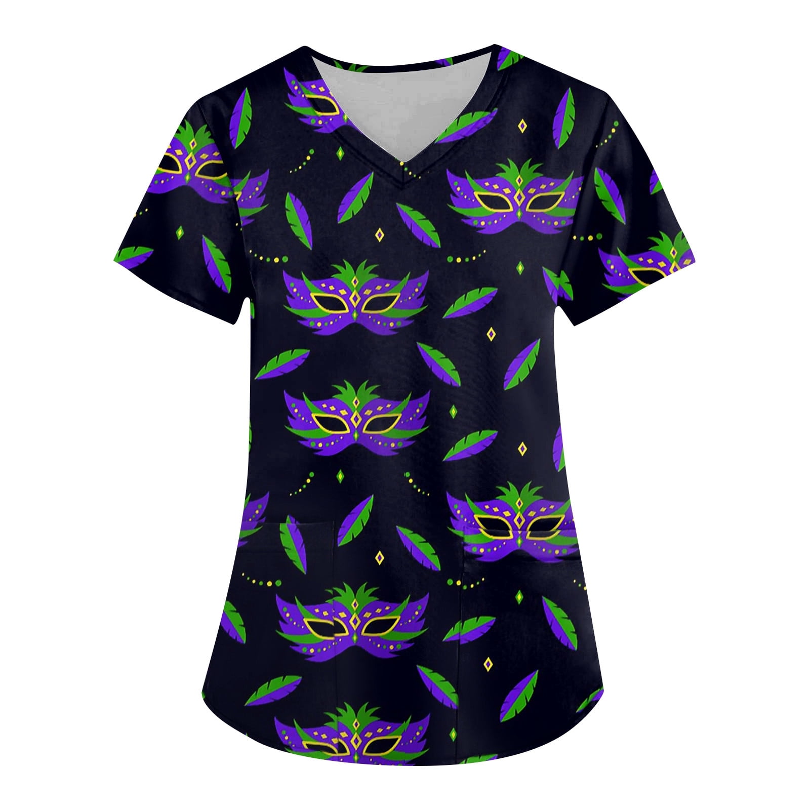 Mardi Gras Womens Petite Scrub Green and Purple Flag Scrubs Tops ...