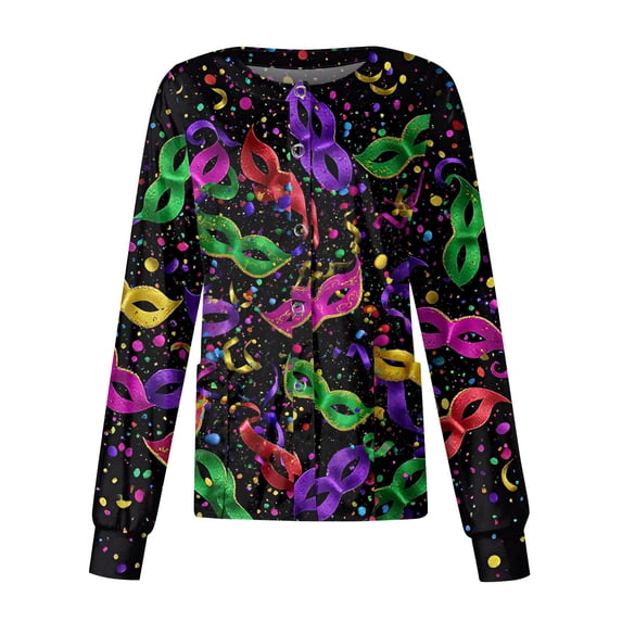 Mardi Gras Womens Scrub Jacket Button Down Long Sleeve Holiday Scrubs Top Carnival Mask Printed Nurse Working Uniforms