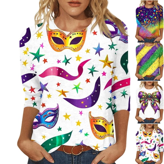 Mardi Gras Womens Top Cute 3/4 Sleeve Funny Graphic Pullover Loose Casual Crew Neck Tee Shirt Party Tunic Tops Fashion Carnival Outfits 2026