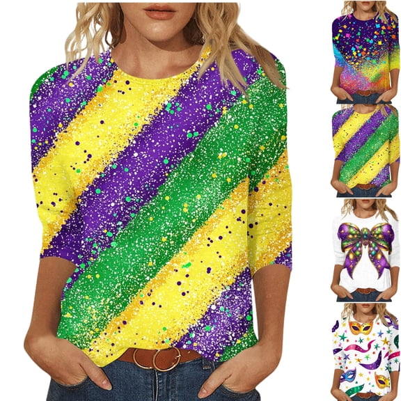Mardi Gras Womens Top Cute 3/4 Sleeve Funny Graphic Pullover Loose Casual Crew Neck Tee Shirt Party Tunic Tops Fashion Carnival Outfits 2026