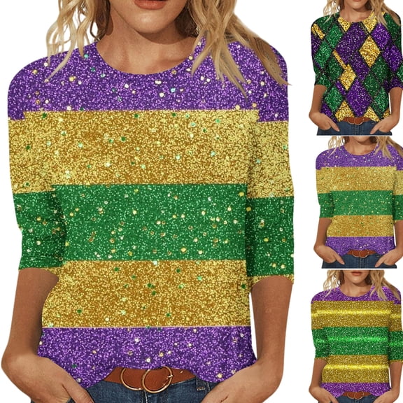Mardi Gras Womens Top Striped 3/4 Sleeve Funny Mask Graphic Crew Neck Tee Shirt Loose Fitted Tunic Party Tops Fashion Mardi Gras Clothes 2026