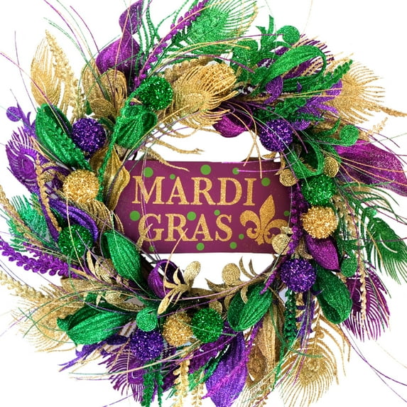 Mardi Gras Wreath for front door, 20’’ Artificial Wreath with Mardi Gras Wooden sign, Decorations for Mardi Gras Farmhouse Home Outdoor/Indoor
