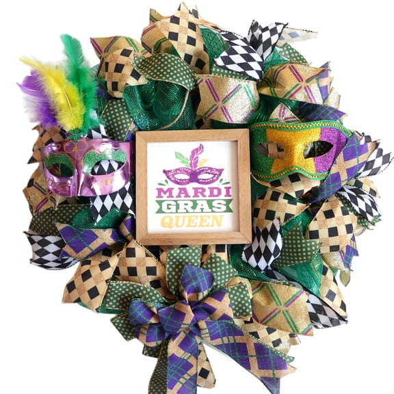 22-inch carnival wreath with a glitter mask and feather accents, adorned with purple, green, and gold ribbon bows
