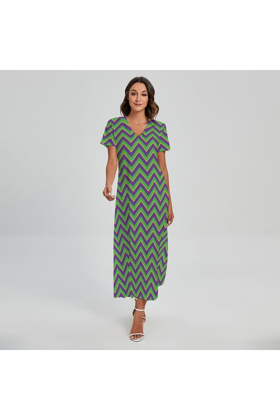 Mardi Gras Zigzag Pattern Printed Short Sleeve Maxi Dress, Mardi Gras Fashion Summer Maxi Dress For Women