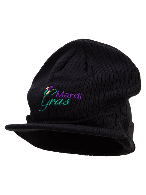 Mardi Gras with Jester Embroidered Big Knit Ribbed Beanie with Visor - Black XL-3XL