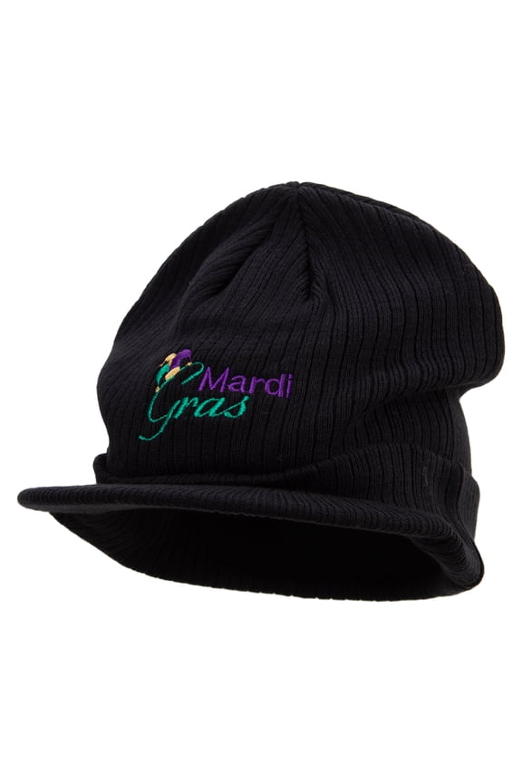 Mardi Gras with Jester Embroidered Big Knit Ribbed Beanie with Visor - Black XL-3XL