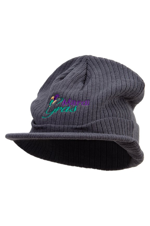 Mardi Gras with Jester Embroidered Big Knit Ribbed Beanie with Visor - Charcoal XL-3XL