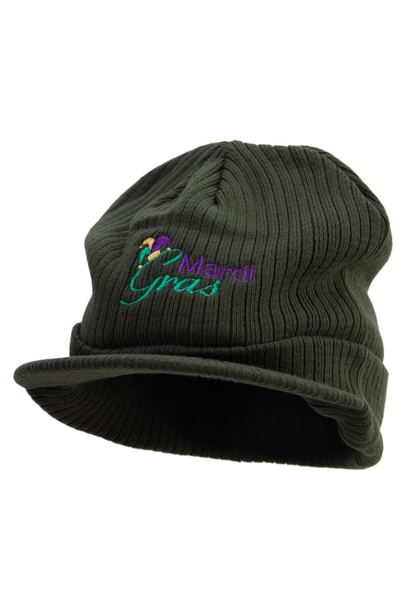 Mardi Gras with Jester Embroidered Big Knit Ribbed Beanie with Visor - Olive XL-3XL