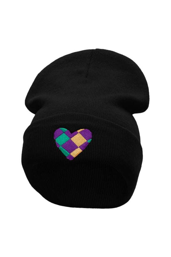 Mardi Heart Embroidered 12 Inch Long Knitted Beanie - Black OSFM