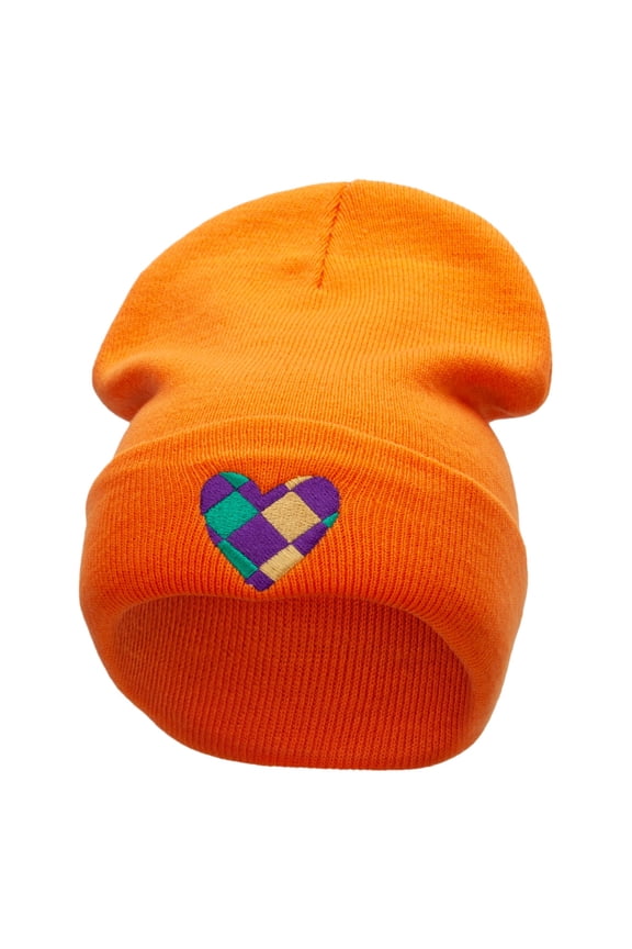Mardi Heart Embroidered 12 Inch Long Knitted Beanie - Orange OSFM