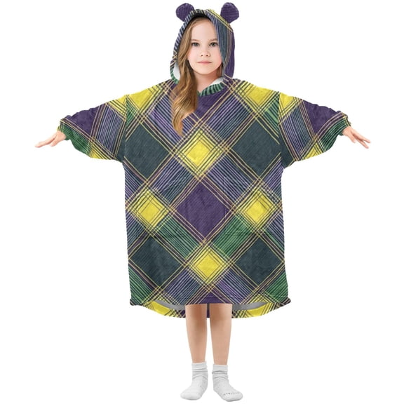 Mardi-gras Color Flannel Wearable Blankets Hooded Design Long Sleeves Wrap Unisex for 3T-14Y S