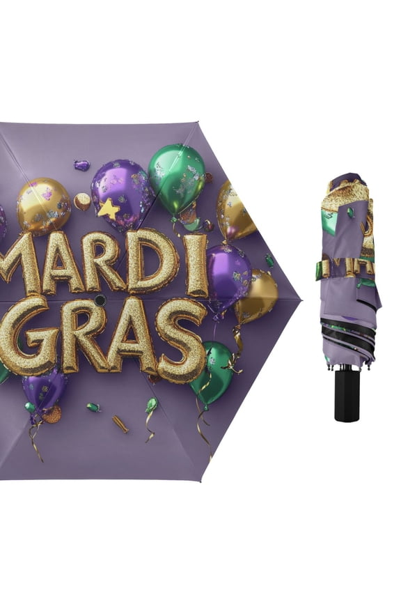 Mardi-gras Colored Balloons All Weather Umbrella Triple Folding Parasol 6 Ribs UV Protection Portable