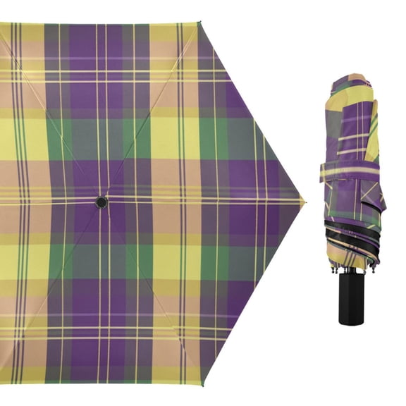 Mardi-gras Colored Plaid All Weather Umbrella Triple Folding Parasol 6 Ribs UV Protection Portable
