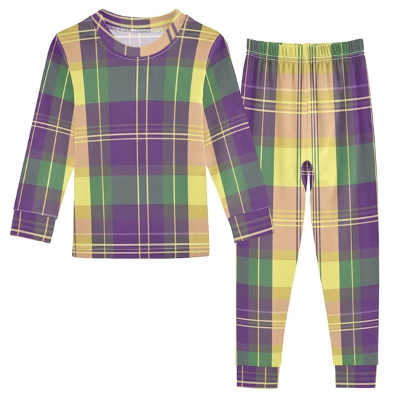 Mardi-gras Colored Plaid Cotton Pajama Set Long Sleeve Top and Pants Sleepwear Unisex 4T