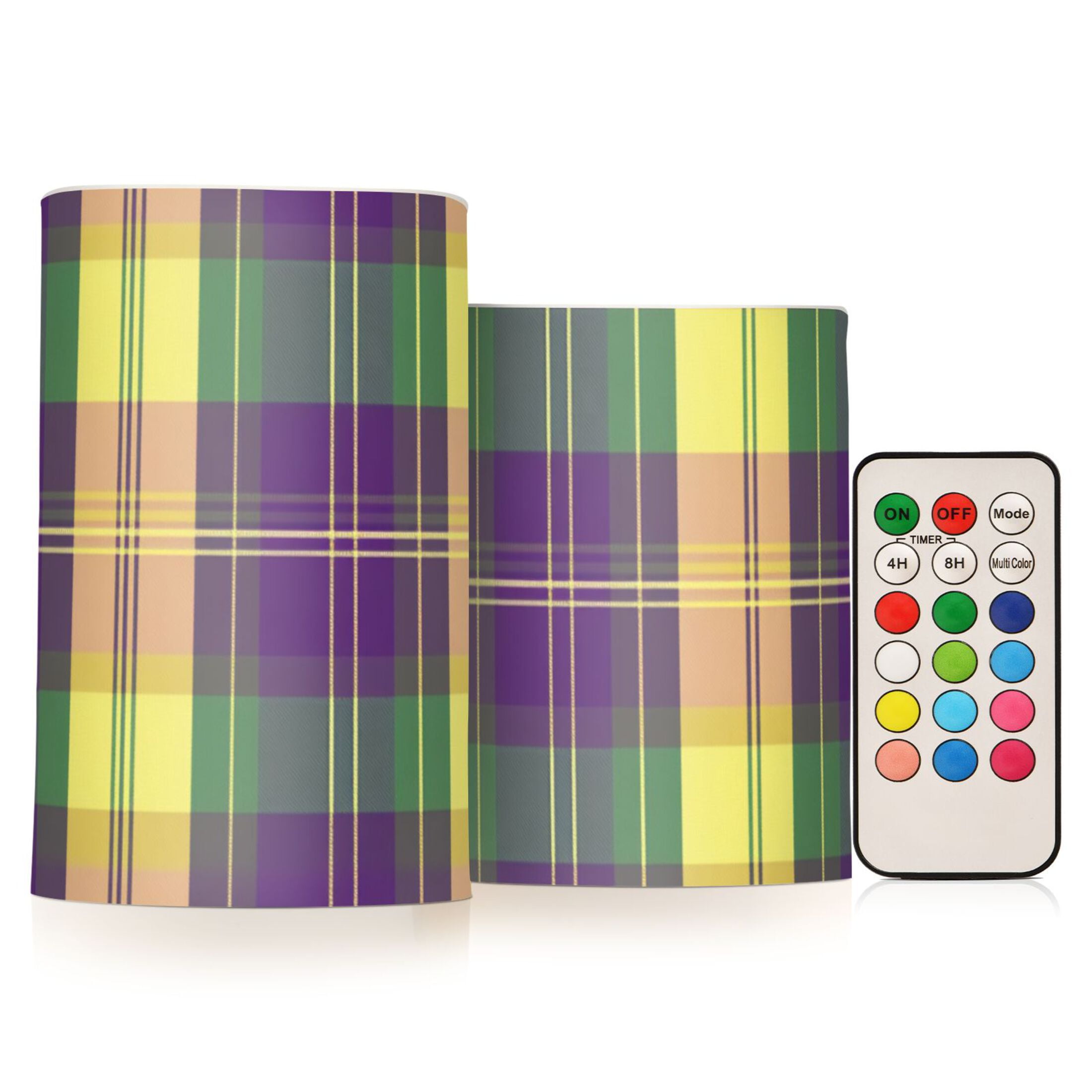 Mardi-gras Colored Plaid Flickering Flameless Candles LED Tealight Battery Operated with Remote Set of 2 Holiday Decor Ornaments